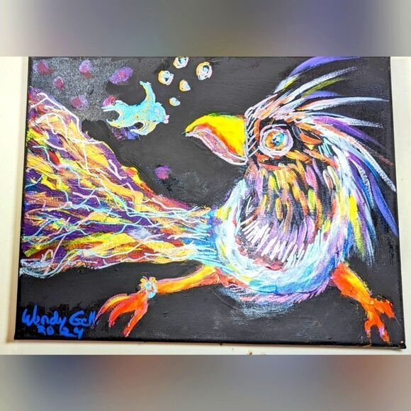 Wendy Gell Art, Bird little fish."Are you my new friend or dinner?" Fantasy.